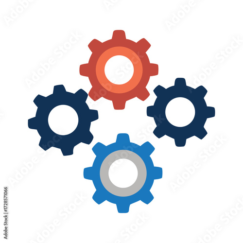 Abstract digital art teamwork concept four interlocking gear cogs representing collaboration innovation and process synergy