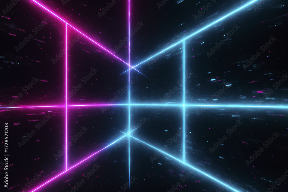 Obraz premium Futuristic cyberpunk grid with vibrant neon lights creating dynamic and immersive atmosphere. interplay of pink and blue hues evokes sense of speed and energy, perfect for modern digital art