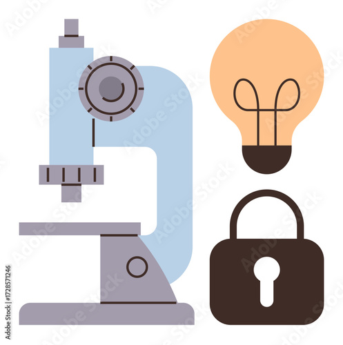Microscope, lightbulb, and lock emphasize research, creativity, and security. Ideal for science, education, innovation technology intellectual property problem-solving and safety. A simple flat
