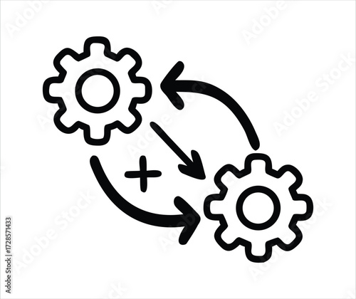 Interconnected gear system symbolizing problem solving process and workflow automation with positive flow