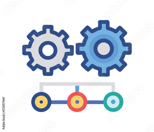 Interlocking gears and connected circles representing engineering mechanical systems automation and business process flow