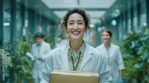 Smiling Scientist Walking Through Modern Indoor Research Greenhouse Facility