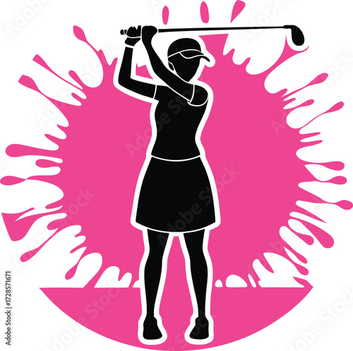 Silhouette of a female golfer swinging a club with a vibrant pink splatter background representing energy and sport
