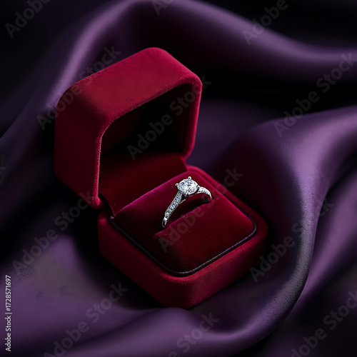 Diamond Engagement Ring in Open Red Velvet Box on Luxurious Purple Silk Fabric