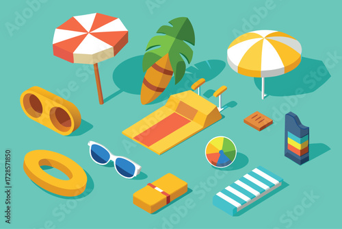 Vibrant isometric collection of colorful beach and summer vacation accessories arranged on a teal background with subtle shadows creating depth and a playful atmosphere