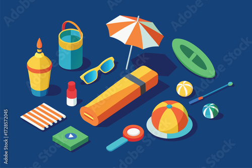 Collection of isometric beach and summer vacation items arranged on a dark blue background perfect for travel and leisure themes