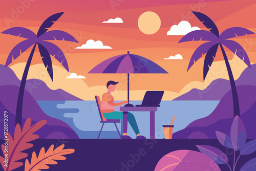 Person working on a laptop at a desk under a beach umbrella with palm trees and mountains in the background during sunset