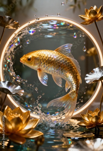 Golden Fish Serenity: A stunning golden fish elegantly swims in crystal-clear waters, surrounded by lily pads and a halo of light.