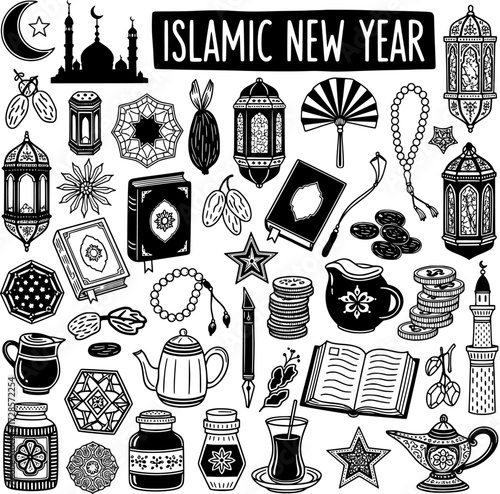 Islamic New Year Hand-Drawn Vector Illustration with Lanterns, Mosque, Quran, and Religious Symbols