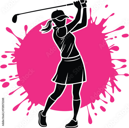 Dynamic silhouette of a female golfer swinging a club against a splattered pink background symbolizing energy and action