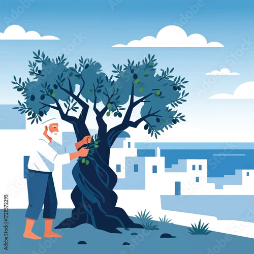 Illustration of an old man harvesting olives from a tree near a village.