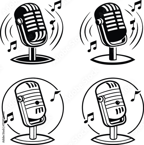 Vintage style microphones with musical notes and sound waves illustrating audio recording performance and broadcasting concepts