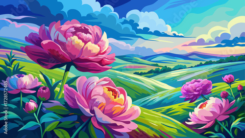 very beautiful Abstract impressionist painting of vibrant pink peonies on a textured blue background  Enchanting watercolor landscape painting depicting rolling hills with wildflower meadows under dra