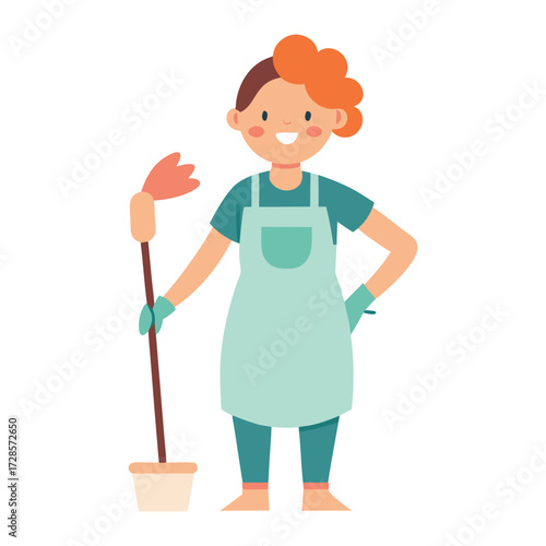 A cheerful cartoon character with bright orange hair wearing an apron and gloves stands confidently holding a broom and dustpan ready for house cleaning tasks