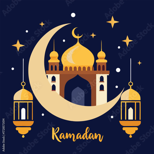 Ramadan kareem greeting with a mosque silhouette crescent moon and hanging lanterns under a starry night sky