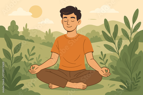 Meditating man in a peaceful landscape surrounded by plants during daytime