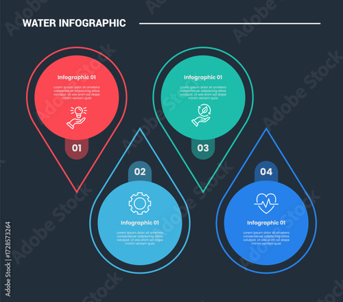 Fresh water infographic process diagram with waterdrop opposite up and down direction with dark background bright outline style 4 points