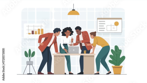 Diverse team collaborating around a laptop on a desk in a modern office with plants and charts on the wall
