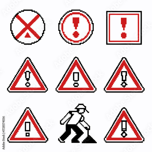 Set of the danger and attention signs, pixel icons. 8 bit pixel button set. Collection isolated vector illustrations