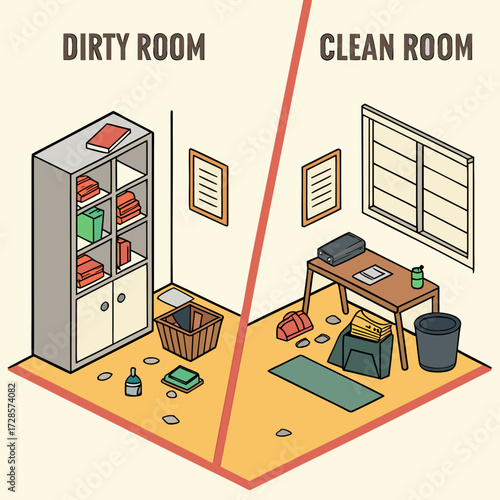 Dirty and clean room. Room before and after cleaning. Flat graphic, vector illustration