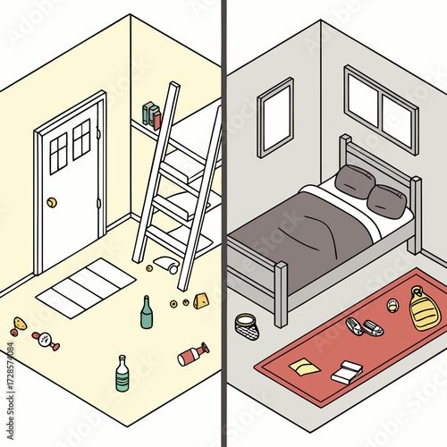 Dirty and clean room. Room before and after cleaning. Flat graphic, vector illustration