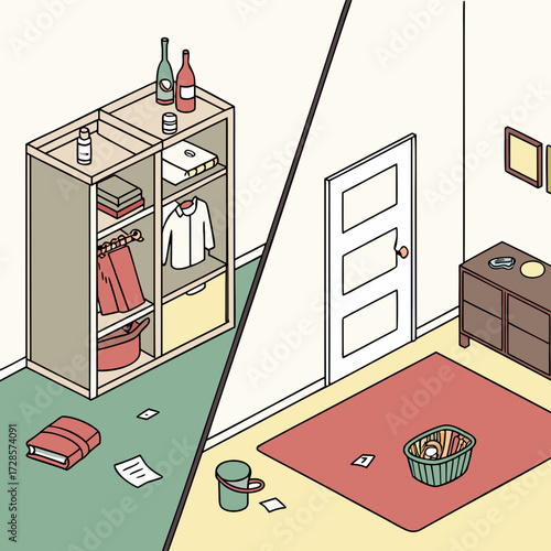 Dirty and clean room. Room before and after cleaning. Flat graphic, vector illustration