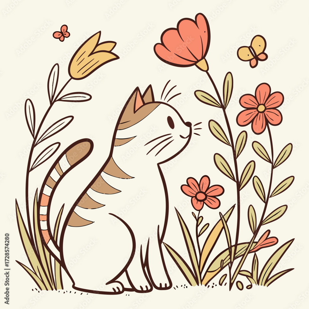 Fototapeta premium Cute cat sit among flowers and plants hand drawing vintage vector illustration. Sketch, line art cats character on floral and nature isolated.