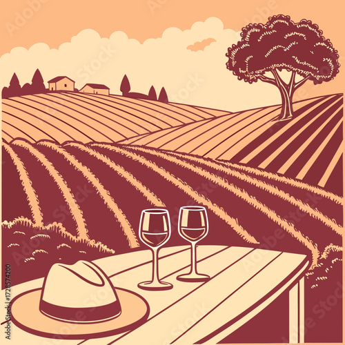 Stylized vineyard scene with wine glasses and hat, warm tone vector