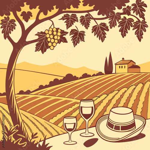 Stylized vineyard scene with wine glasses and hat, warm tone vector