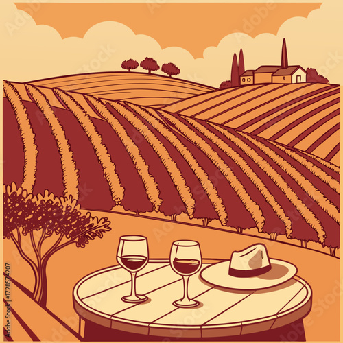 Stylized vineyard scene with wine glasses and hat, warm tone vector