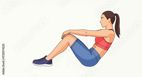 Young woman doing sit-up exercise for abdominal core workout vector illustration