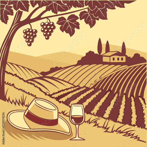 Stylized vineyard scene with wine glasses and hat, warm tone vector