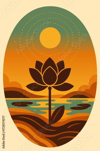 Lotus over Still Water — Zen Lake Sunset, Mindfulness Wall Poster (Vector)