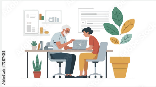 Two people a younger woman and an older man sitting at a desk working together on a laptop in a modern office setting with plants and charts
