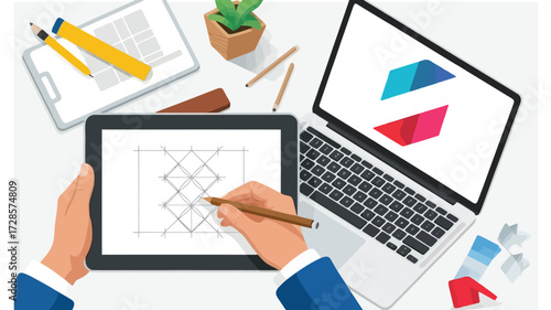 Designer s hands drawing on a tablet next to a laptop displaying colorful geometric shapes and design tools on a white desk