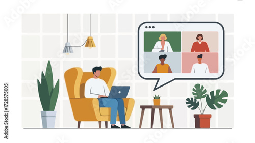 Man working remotely from home on a laptop participating in a video conference call with colleagues in a comfortable living room setting