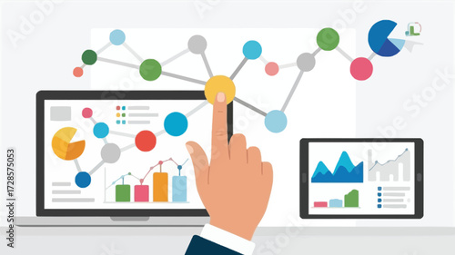 Hand touching interactive digital data visualization on laptop screen with charts and graphs connecting to network nodes