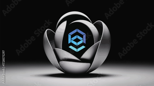 Futuristic metallic lotus flower opening to reveal a glowing geometric digital symbol with blue and teal light against a dark background