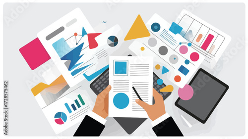 Hands holding a document with charts and graphs surrounded by business reports and a tablet symbolizing data analysis and financial planning
