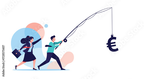Business partners fishing for euro symbol with a rod.