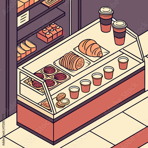 Impressive Isometric Caf Counter with Croissants Coffee - Dramatic and Intense Visual Story Great fo