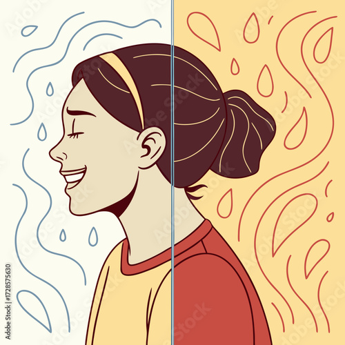 Bipolar disorder concept. Woman with happy and sad emotions. Metaphor for mental health, mood swings, dual personality. Psychology illustration of a split mind, depression and joy.