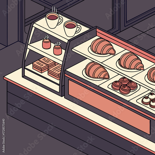 Impressive Isometric Caf Counter with Croissants Coffee - Dramatic and Intense Visual Story Great fo