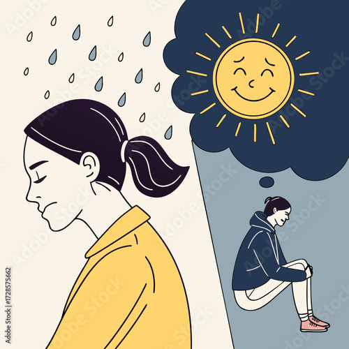 Bipolar disorder concept. Woman with happy and sad emotions. Metaphor for mental health, mood swings, dual personality. Psychology illustration of a split mind, depression and joy.