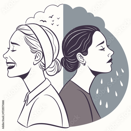 Bipolar disorder concept. Woman with happy and sad emotions. Metaphor for mental health, mood swings, dual personality. Psychology illustration of a split mind, depression and joy.