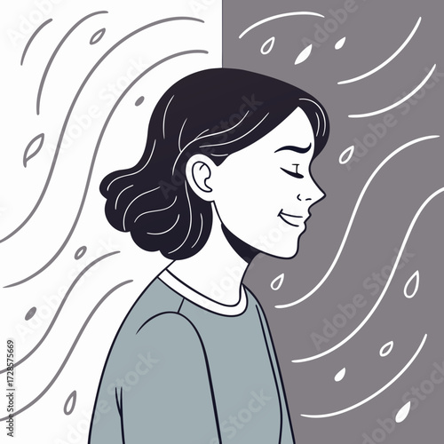 Bipolar disorder concept. Woman with happy and sad emotions. Metaphor for mental health, mood swings, dual personality. Psychology illustration of a split mind, depression and joy.