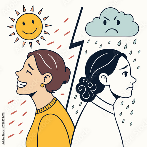 Bipolar disorder concept. Woman with happy and sad emotions. Metaphor for mental health, mood swings, dual personality. Psychology illustration of a split mind, depression and joy.