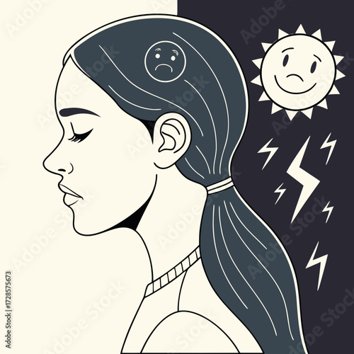Bipolar disorder concept. Woman with happy and sad emotions. Metaphor for mental health, mood swings, dual personality. Psychology illustration of a split mind, depression and joy.