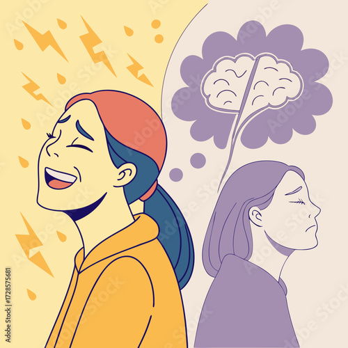 Bipolar disorder concept. Woman with happy and sad emotions. Metaphor for mental health, mood swings, dual personality. Psychology illustration of a split mind, depression and joy.