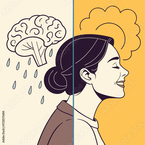 Bipolar disorder concept. Woman with happy and sad emotions. Metaphor for mental health, mood swings, dual personality. Psychology illustration of a split mind, depression and joy.
